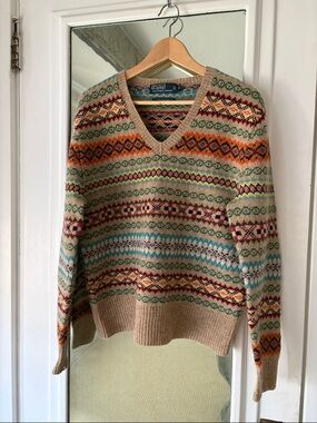 Vintage 90s Polo Ralph Lauren Hand Knit Colorful Wool V Neck Sweater